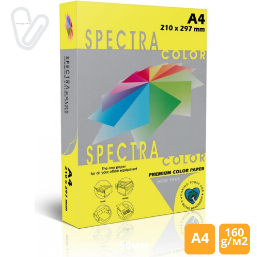 Папір кольор. А4 160г/м2 інтенс. жовтий Spectra Color  Lemon 210 250арк. - Фото 1