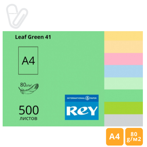 Папір кольор. А4 80г/м2 500л. середній, зелений Leaf Green 41, REY Adagio - Фото 1