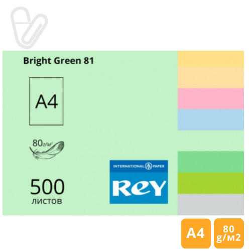 Папір кольор. А4 80г/м2 500л. середній, яскраво-зелений Bright Green 81, REY Adagio - Фото 1