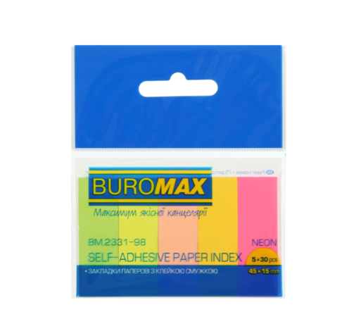 Закладки паперові 45x15мм, 5х30арк,, асорті, неон - Фото 1